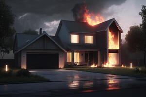 hus eller brand och brinnande ner, Hem försäkring begrepp. generativ ai foto