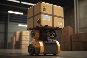 automatiserad robot bärande låda i lager, distribution logistik Centrum begrepp. skapas generativ ai foto