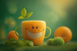 glad glas av orange juice karaktär leende bakgrund. fräsch orange juice. skapas generativ ai foto