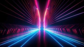 abstrakt neon lampor tunel bakgrund med rosa och blå laser strålar lysande rader 3d framställa. foto