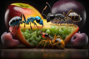 stänga upp realistisk myror upptäckt mat över färgrik frukter. skapas med generativ ai foto
