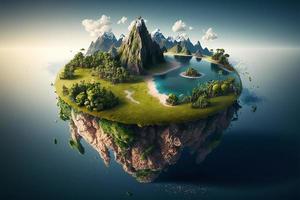 fantasi ö med berg, sjö och öar. realistisk manipulation bild ai generera foto