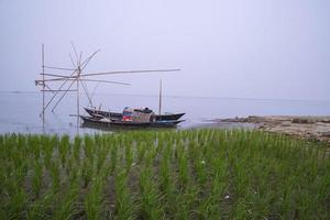 landskap se av några trä- fiske båtar på de Strand av de padma flod i bangladesh foto