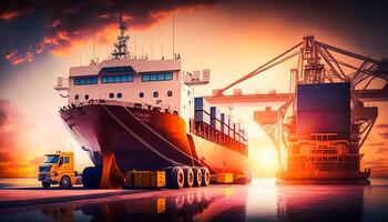 transport och logistisk importera exportera och transport industri av lastbil behållare frakt fartyg, generativ ai foto