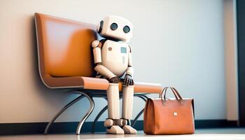 ai robot väntar på stol för en jobb intervju, generativ ai foto