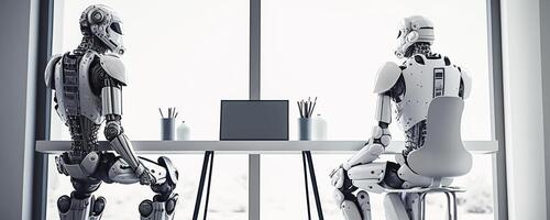 ai robotar möte och arbetssätt på bärbar dator på tabell i kontor, generativ ai foto
