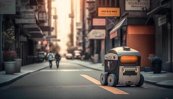autonom robotar leverera mat till kunder på väg i stad, generativ ai foto