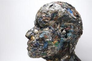 mänsklig huvud tillverkad av sopor på de vit bakgrund, skapas med generativ ai foto