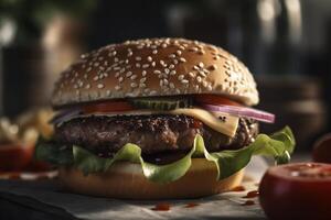 utsökt burger på de tabell, skapas med generativ ai foto