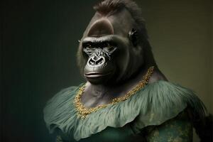 porträtt av gorilla i en victorian klänning. ai genererad foto