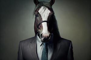 ai genererad porträtt av häst affärsman. djur- huvud i företag kostym. foto
