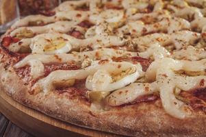 pizza med mozzarella, calabrese korv, ägg, catupiry, oliv och oregano foto