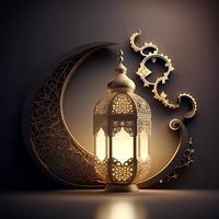 islamic lykta och gyllene måne lyx stil, ramadan kareem, mawlid, iftar, isra miraj, eid al fitr 3d illustration med svartaktig bakgrund foto