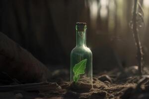 en enda grön fröplanta i en glas flaska på ett apokalyptisk torr jord skapas med generativ ai teknologi. foto