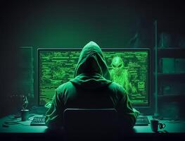 en hacker ser på en dator med grön symboler skapas med generativ ai. foto
