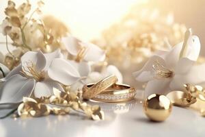 en skön bröllop bakgrund med blommor och guld ornament på en ljus bakgrund skapas med generativ ai teknologi. foto