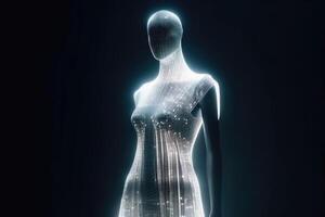 ett elegant klänning tillverkad av fiber optisk kablar på en mannekäng skapas med generativ ai teknologi. foto