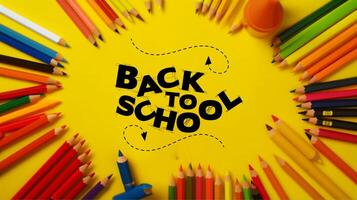 tillbaka till skola, barn penna färger, markörer och kritor på fast bakgrund genererad ai foto