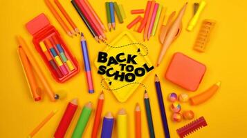 tillbaka till skola, barn penna färger, markörer och kritor på fast bakgrund genererad ai foto