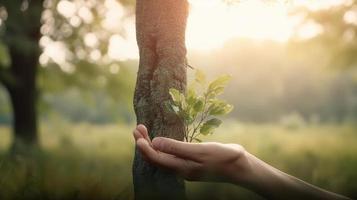 konstnärlig händer omfamning naturens skönhet innehav träd över suddig bakgrund foto