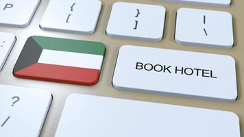 bok hotell i kuwait med hemsida uppkopplad. knapp på dator tangentbord. resa begrepp 3d animation. bok hotell text och nationell flagga. 3d illustration foto