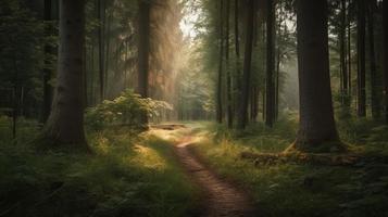 dimmig väg genom de skog ,solnedgång i en mörk skog med strålar av ljus godkänd genom de träd foto