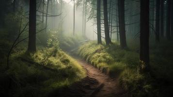 dimmig väg genom de skog ,solnedgång i en mörk skog med strålar av ljus godkänd genom de träd foto