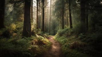 dimmig väg genom de skog ,solnedgång i en mörk skog med strålar av ljus godkänd genom de träd foto