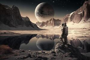 astronaut i Plats mot de bakgrund av de planet. ai genererad foto