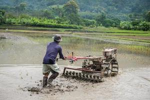 thai jordbrukare arbetssätt med en handhållen motor plog i en ris fält foto