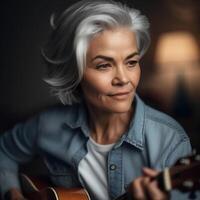 gammal kvinna spelar akustisk gitarr. ai genererad illustration foto