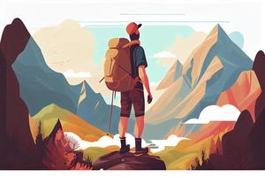 man med ryggsäck, resande eller explorer stående på topp av berg eller klippa och ser på dal foto