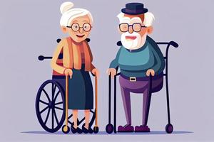 tecknad serie gammal människor. Lycklig åldrig medborgare, Inaktiverad senior på äldre rullstol och vård seniors leende foto