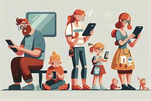 familj använder sig av smartphones och tabletter, föräldrar och barn med telefoner. social media missbruk foto