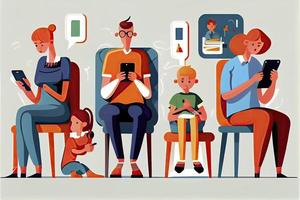 familj använder sig av smartphones och tabletter, föräldrar och barn med telefoner. social media missbruk foto