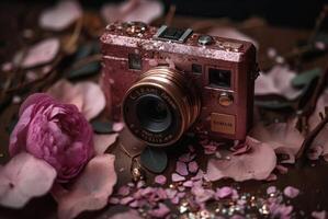 en skön rosa glitter kompakt kamera generativ ai foto