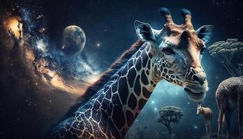 zoologisk parkera med giraff djur konstverk generativ ai konst foto