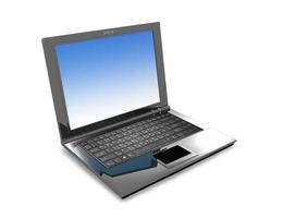 svart bärbar dator med en blå skärm. 3d tolkning av en mörk glansig anteckningsbok på en vit bakgrund foto