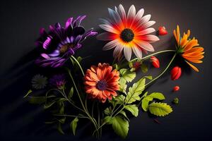 färgrik höst blommor på en mörk bakgrund. illustration generativ ai foto
