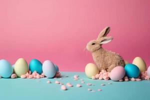 Lycklig påsk dag bakgrund och bakgrund, söt kanin kanin, prydnad, och färgrik ägg, kopia Plats hälsning och bakgrund, baner, rustik årgång design material. fira påsk. foto