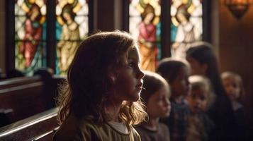 flera barn samla i de kyrka för massa gazing upp på Jesus på de korsa - generativ ai. foto