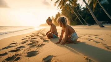 semestrar barn har roligt på de strand spelar i de sand - generatvie ai. foto