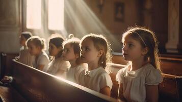 ung flickor samla i de kyrka för de kör sång - generatvie ai. foto