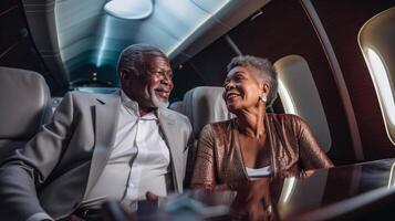 Lycklig och stolt äldre framgångsrik vuxen afrikansk amerikan par i deras privat verkställande lyx jet - generatvie ai. foto