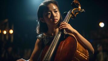 ung asiatisk flicka spelar henne cello på de konsert hall under dramatisk lampor - generatvie ai. foto