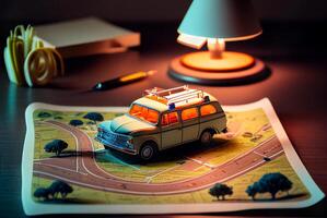 miniatyr- bil vilar på skrivbord och väg Karta - resa begrepp - generativ ai. foto