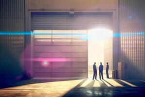 silhouetted affärsmän stående nära öppning av stor kommersiell industriell byggnad - generativ ai. foto