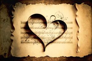 hjärta och musik pergament papper - generativ ai. foto