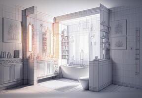 arkitektonisk grov utforskning teckning av en beställnings- badrum interiör - generativ ai. foto