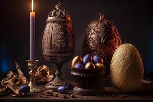 utarbetat dekorerad choklad och godis påsk ägg - generativ ai. foto